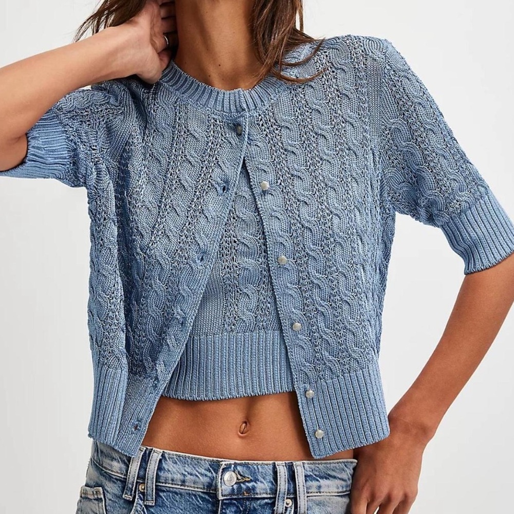 Free People Baby Blue Sukie Short-Sleeve Knit Cardigan